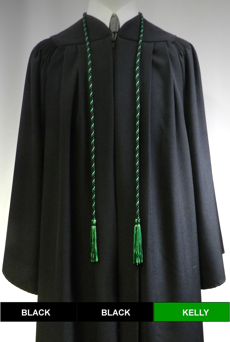 Black and kelly green graduation honor cord with matching tassels from Senior Class Graduation Products. Made in USA.