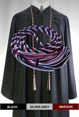 Black, silver and maroon 3 color graduation honor cord with matching tassels from Senior Class Graduation Products. Made in USA.