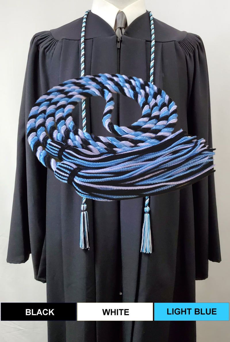 black, white and light blue graduation honor cord