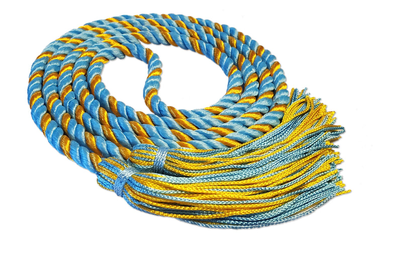 Light blue and bright gold 2 color graduation honor cord with matching tassels from Senior Class Graduation Products. Made in USA.