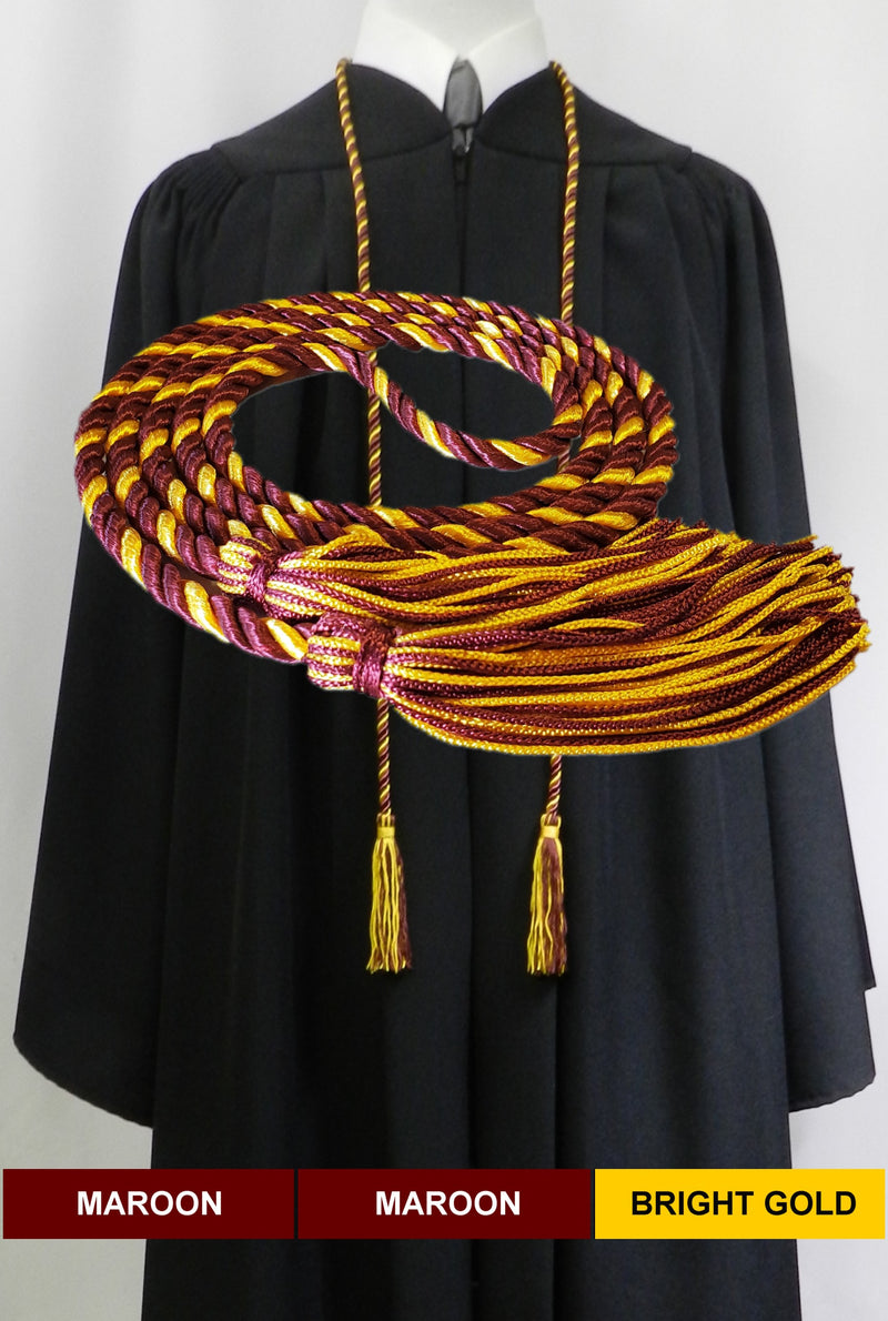 Maroon and bright gold 2 color graduation honor cord with matching tassels from Senior Class Graduation Products. Made in USA.