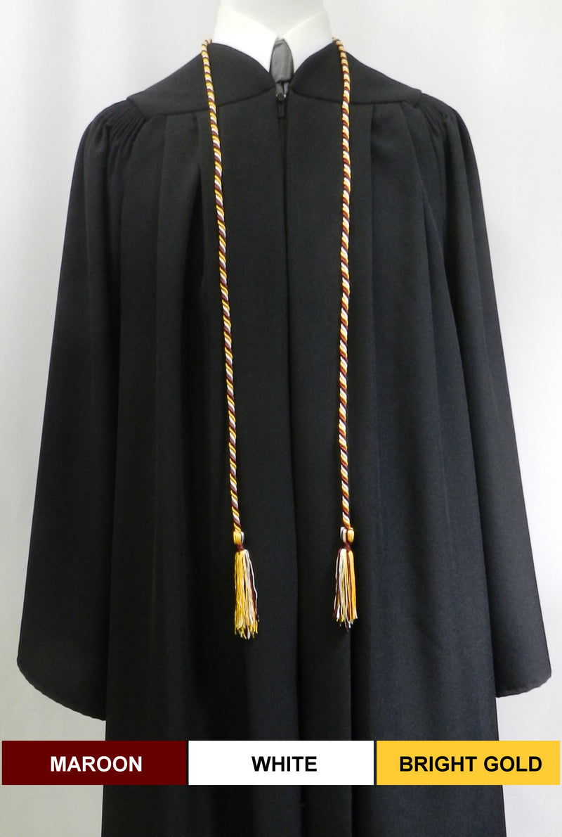 Maroon, white and bright gold 3 color graduation honor cord from Senior Class Graduation Products. Made in USA.
