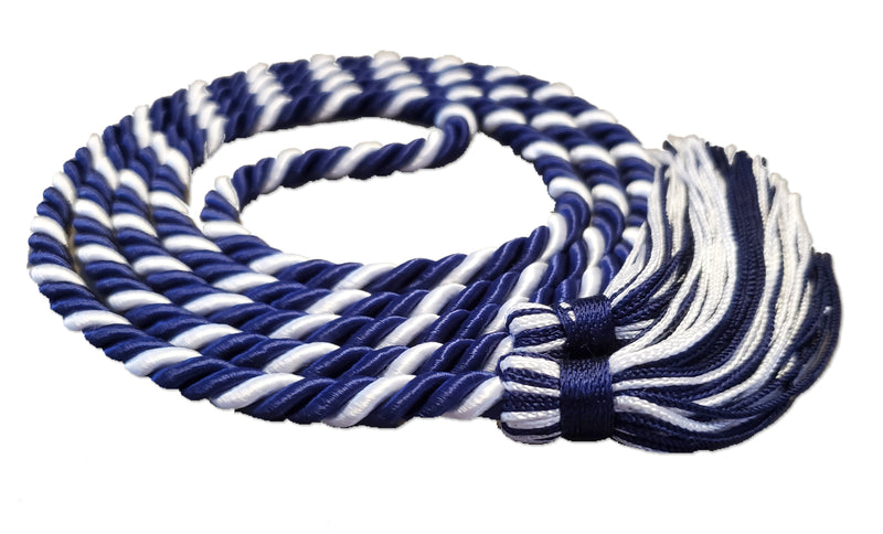 Navy (dark blue) and white 2-color graduation honor cord with matching tassel ends from Senior Class Graduation Products. Made in the United States.