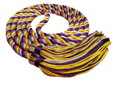 Purple, silver and bright gold 3 color graduation honor cord from Senior Class Graduation Products. Made in USA.