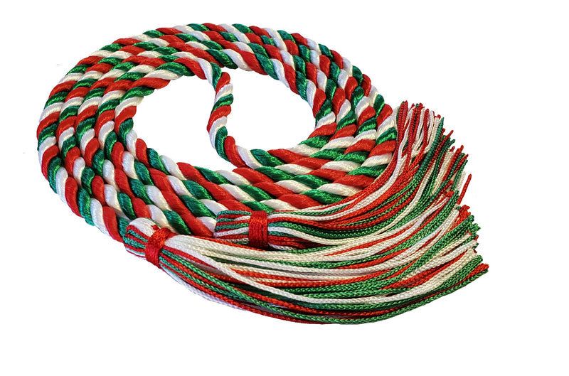 Red, white and kelly green 3 color graduation honor cord from Senior Class Graduation Products. Made in USA.