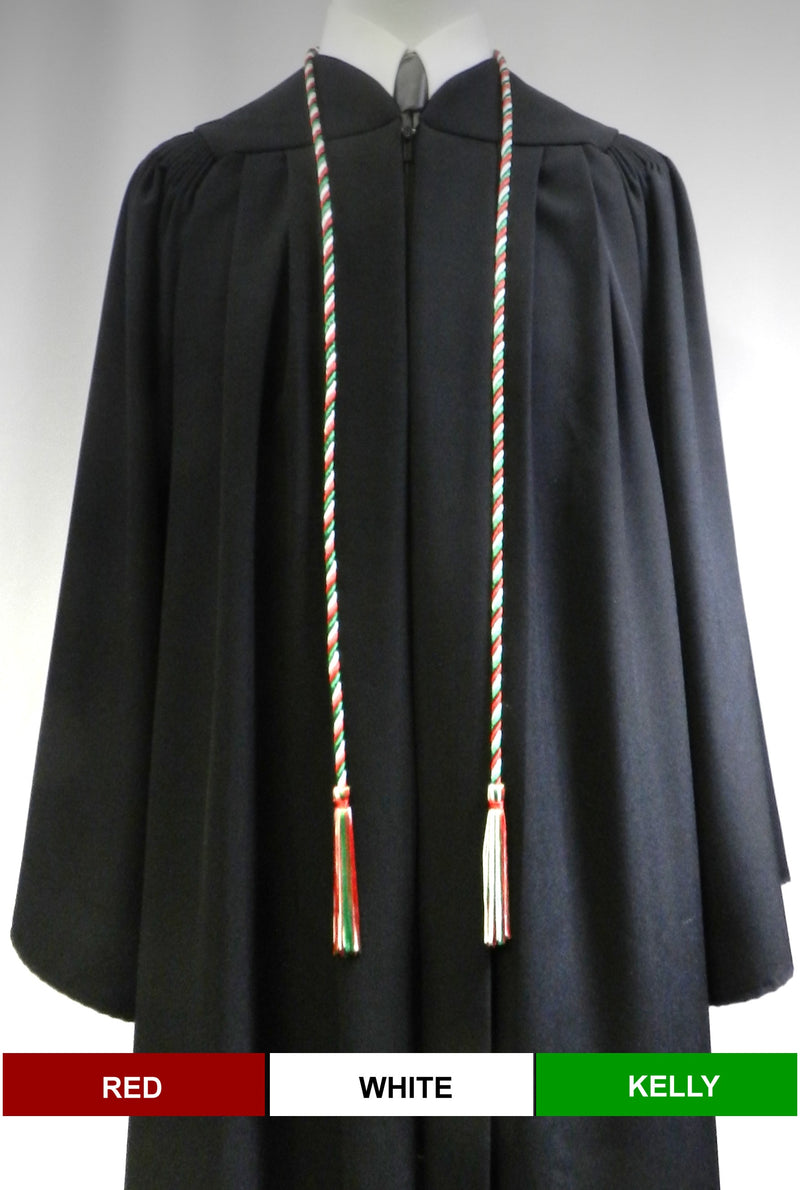 Red, white and kelly green 3 color graduation honor cord from Senior Class Graduation Products. Made in USA.