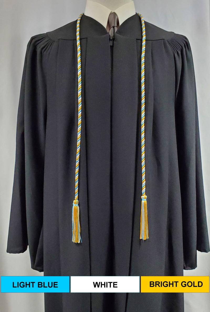 Light blue, white and bright gold 3-color graduation honor cord from Senior Class. Made in the United States.