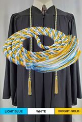 Light blue, white and bright gold 3-color graduation honor cord from Senior Class. Made in the United States.