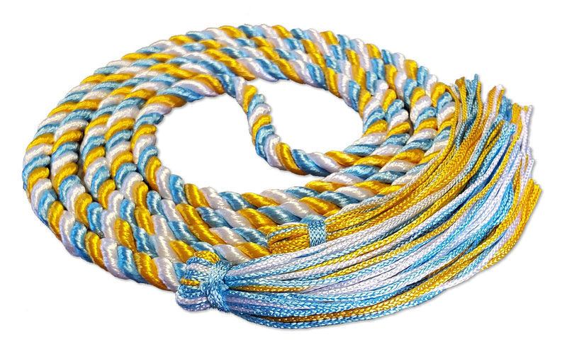 Light blue, white and bright gold 3-color graduation honor cord from Senior Class. Made in the United States.