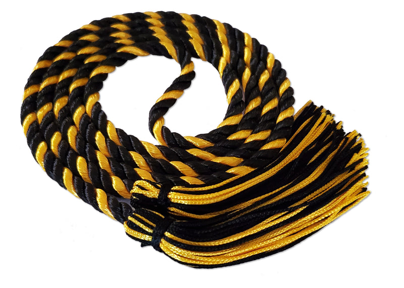 Black and bright gold 2 color graduation honor cord with matching tassels from Senior Class Graduation Products. Made in USA.