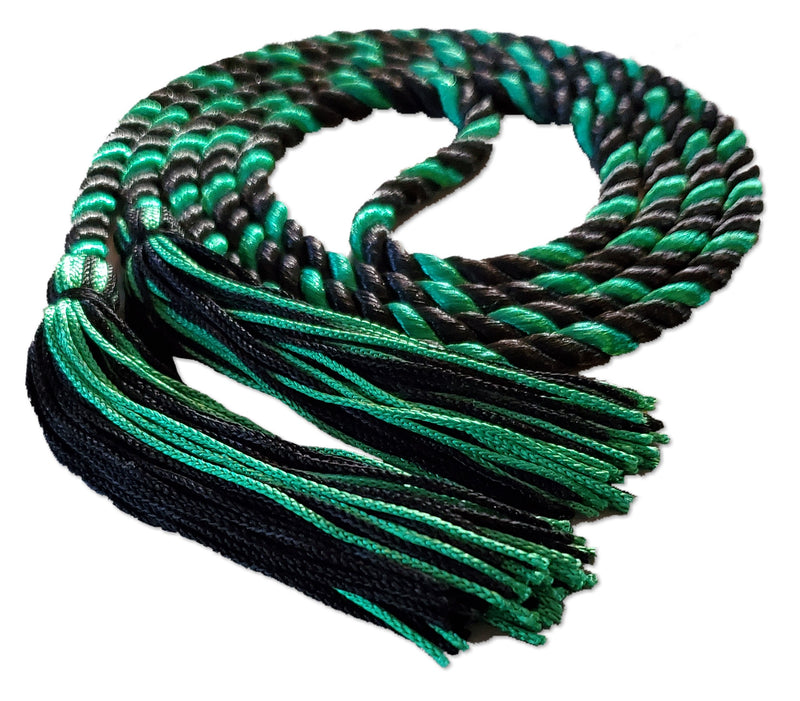 Black and kelly green graduation honor cord with matching tassels from Senior Class Graduation Products. Made in USA.