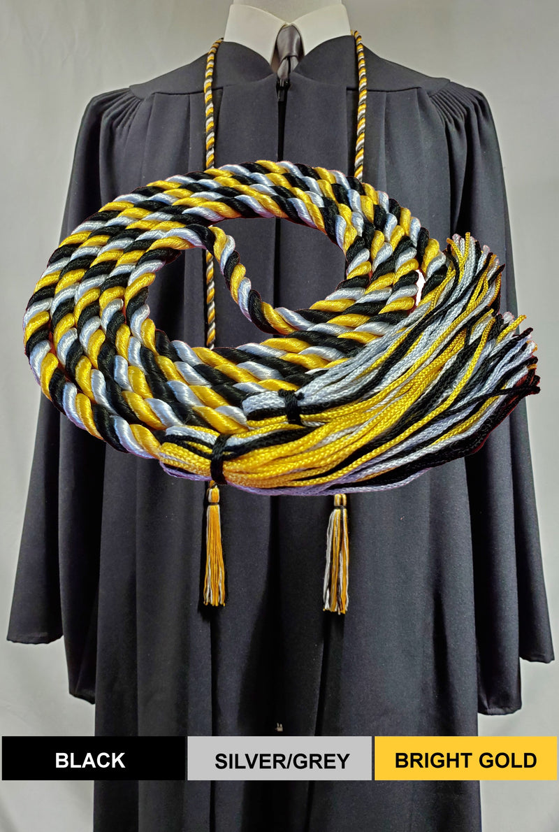 Black silver and bright gold 3 color intertwined graduation honor cord with matching tassel ends from Senior Class. Made in the United States.