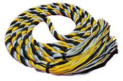 Black silver and bright gold 3 color intertwined graduation honor cord with matching tassel ends from Senior Class. Made in the United States.