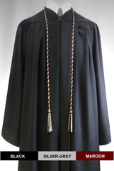 Black, silver and maroon 3 color graduation honor cord with matching tassels from Senior Class Graduation Products. Made in USA.