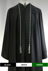 Black, white and green 3 color graduation honor cord with matching tassels from Senior Class Graduation Products. Made in USA.