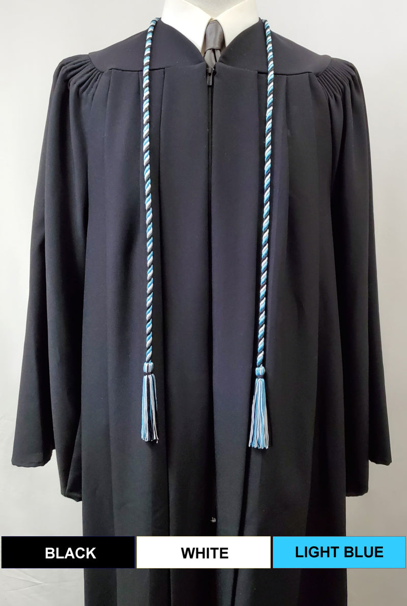 black, white and light blue graduation honor cord