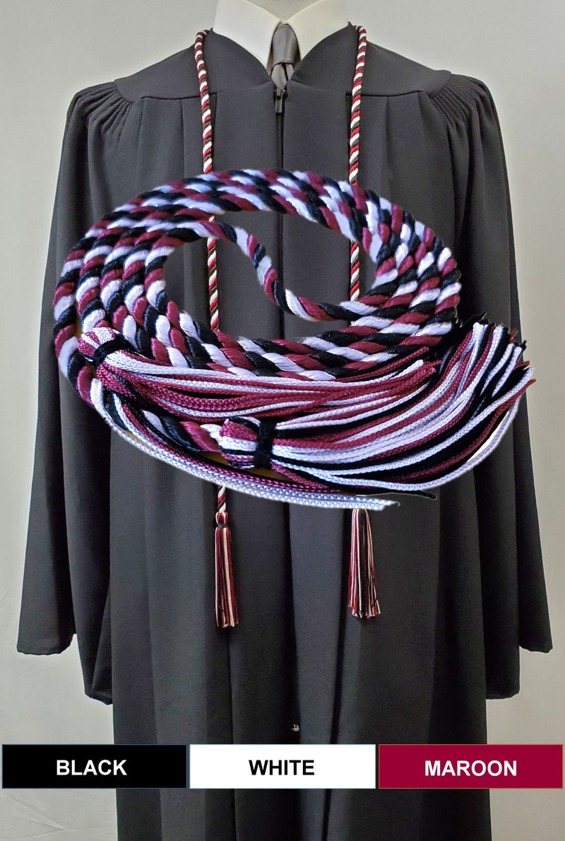 Black, white and maroon 3 color graduation honor cord with matching tassels from Senior Class Graduation Products. Made in USA.