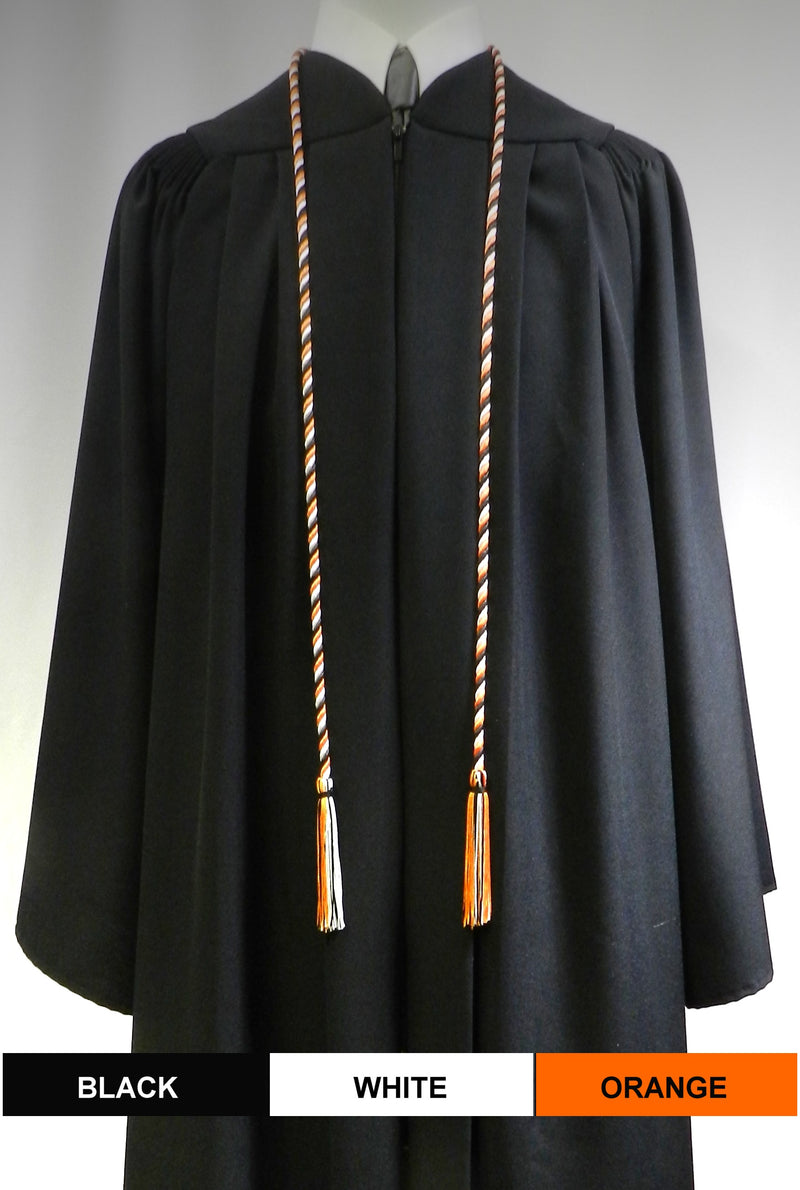 Black, white and orange 3 color graduation honor cord with matching tassels from Senior Class Graduation Products. Made in USA.
