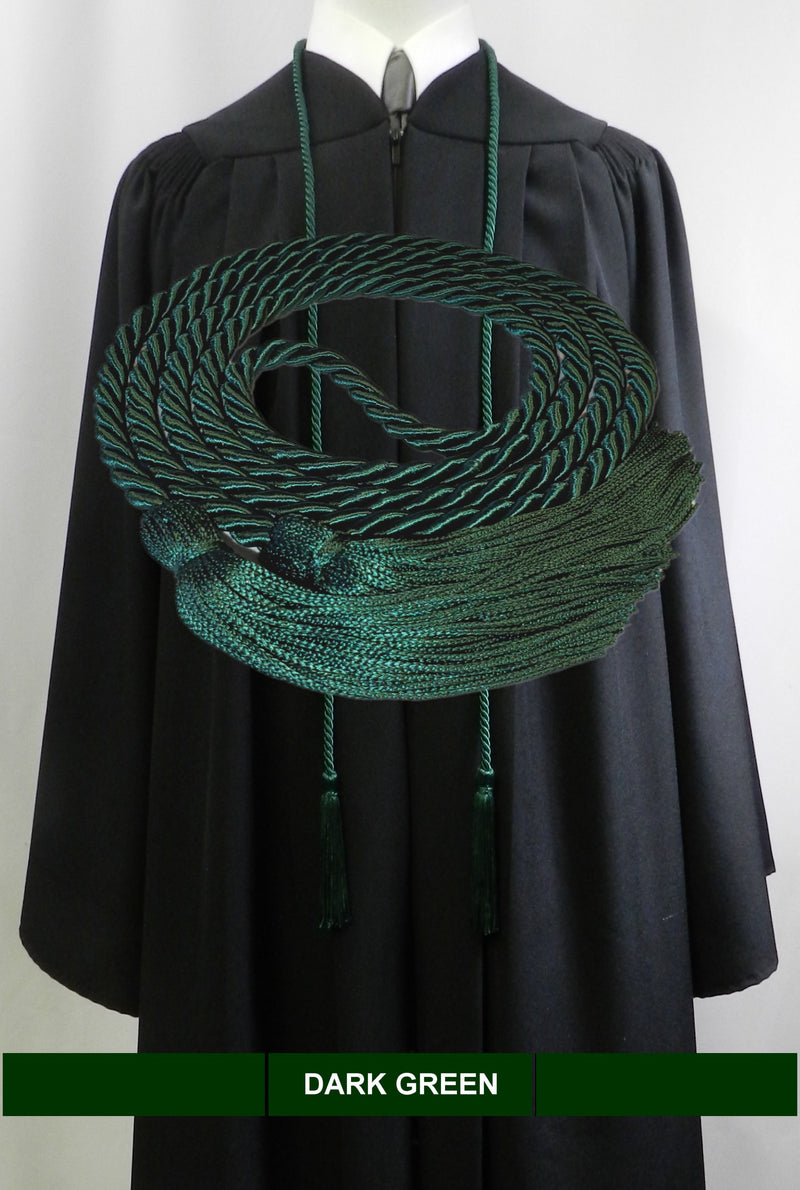 Dark green graduation honor cord with matching tassels from Senior Class Graduation Products. Made in USA.