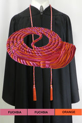 Fuchsia (rose) and orange 2 color graduation honor cord with matching tassels from Senior Class Graduation Products. Made in USA.