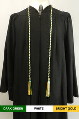 Dark green, white and bright gold 3 color graduation honor cord.