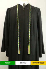 Kelly green, white and bright gold 3 color graduation honor cord from Senior Class Graduation Products. Made in USA.