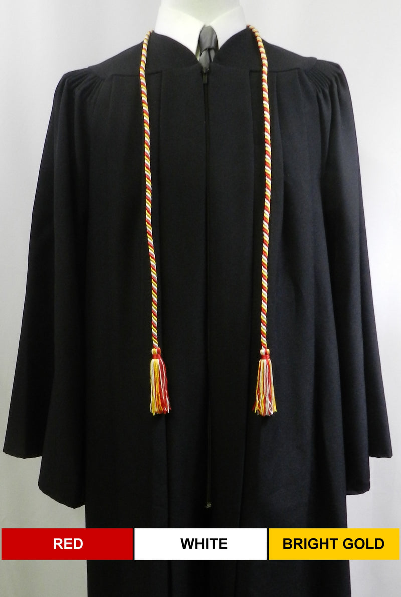 red, white and bright gold 3 color graduation honor cord with matching tassels from Senior Class Graduation Products. Made in USA.