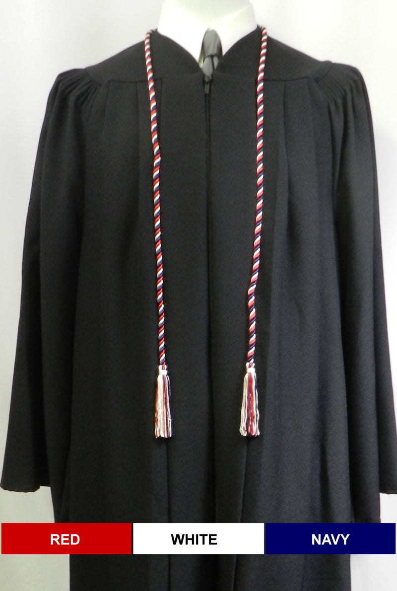 Red, white and navy blue 3 color graduation cord with matching tassels from Senior Class Graduation Products. Made in USA.