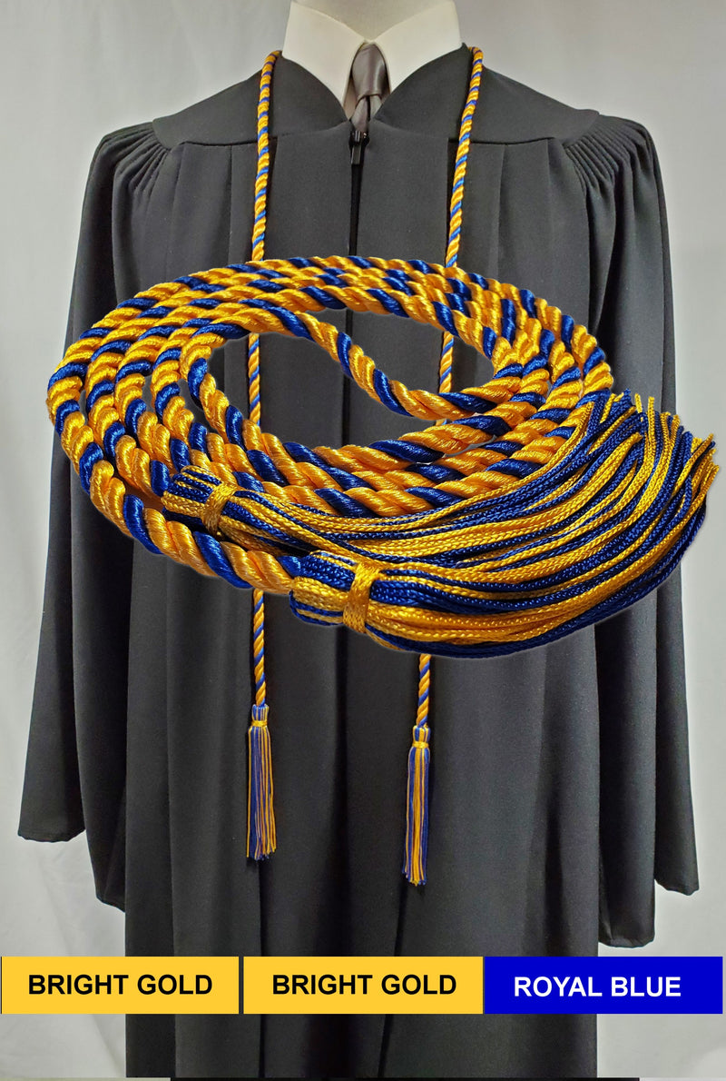 Bright Gold-Bright Gold-Royal Blue graduation honor cord from Senior Class. Made in the USA.