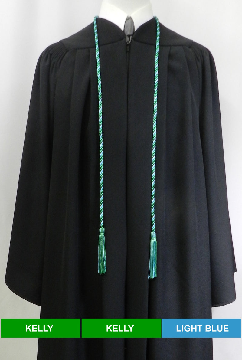 Kelly green and light blue 2 color graduation honor cord with matching tassels from Senior Class Graduation Products. Made in USA.