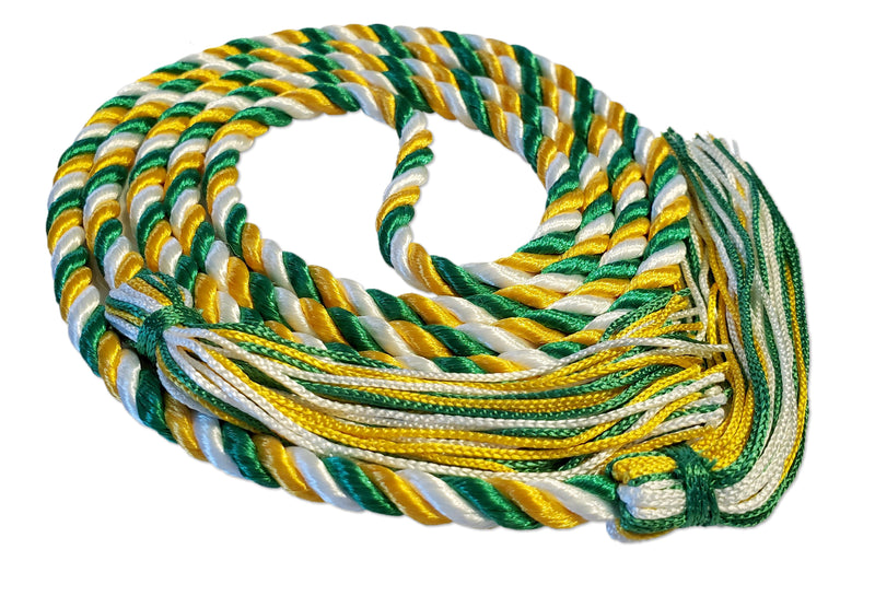 Kelly green, white and bright gold 3 color graduation honor cord from Senior Class Graduation Products. Made in USA.