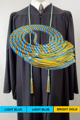 Light blue and bright gold 2 color graduation honor cord with matching tassels from Senior Class Graduation Products. Made in USA.