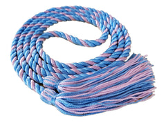 Light blue and pink 2 color graduation honor cord with matching tassels from Senior Class Graduation Products. Made in USA.