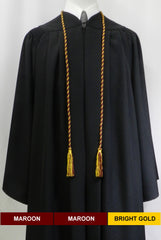 Maroon and bright gold 2 color graduation honor cord with matching tassels from Senior Class Graduation Products. Made in USA.