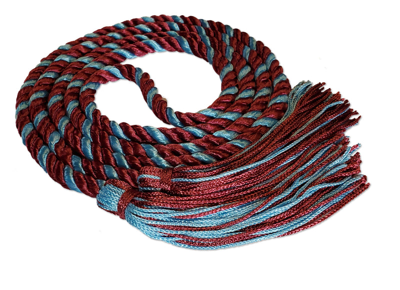 Maroon and light blue 2 color graduation honor cord with matching tassels from Senior Class Graduation Products. Made in USA.