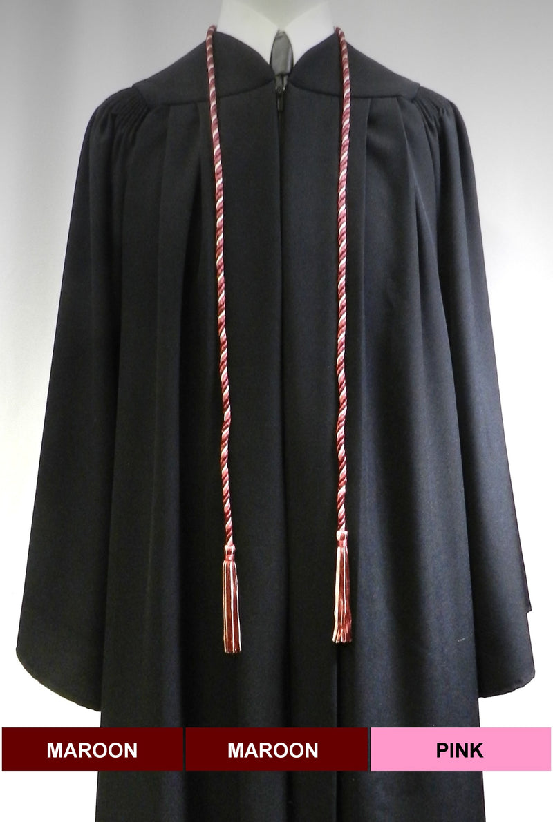Maroon and pink 2 color graduation honor cord with matching tassels from Senior Class Graduation Products. Made in USA.