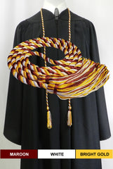 Maroon, white and bright gold 3 color graduation honor cord from Senior Class Graduation Products. Made in USA.