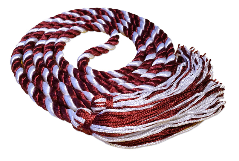 Maroon and white 2 color graduation honor cord with matching tassels from Senior Class Graduation Products. Made in USA.