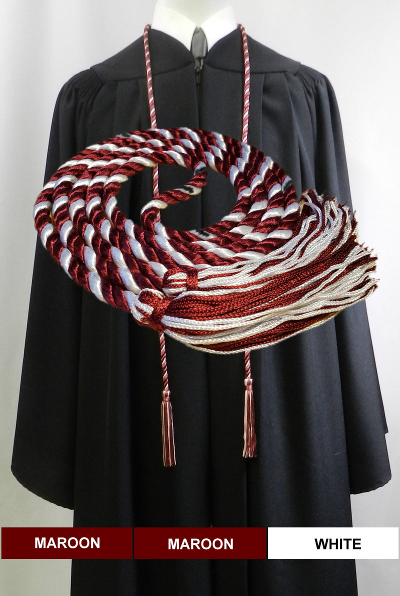 Maroon and white 2 color graduation honor cord with matching tassels from Senior Class Graduation Products. Made in USA.