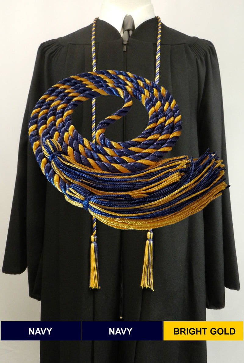 Navy blue and bright gold graduation honor cord.