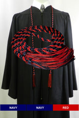 Navy (dark) blue and red 2 color graduation honor cord with matching tassels from Senior Class Graduation Products. Made in USA.