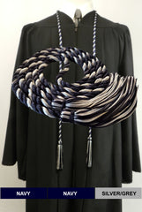 Navy (dark) blue and silver/grey 2 color graduation honor cord with matching tassels from Senior Class Graduation Products. Made in USA.