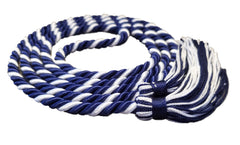 Navy (dark blue) and white 2-color graduation honor cord with matching tassel ends from Senior Class Graduation Products. Made in the United States.