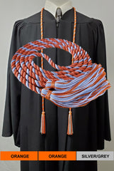 Orange and silver/grey 2 color graduation honor cord with matching tassels from Senior Class Graduation Products. Made in USA.