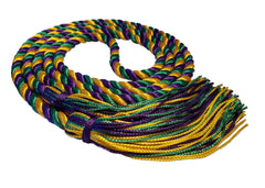 Purple, kelly green and bright gold 3 color graduation honor cord from Senior Class Graduation Products. Made in USA.