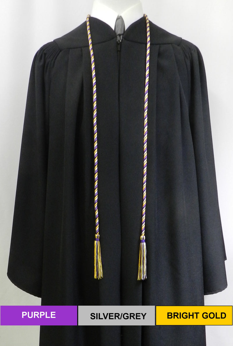 Purple, silver and bright gold 3 color graduation honor cord from Senior Class Graduation Products. Made in USA.