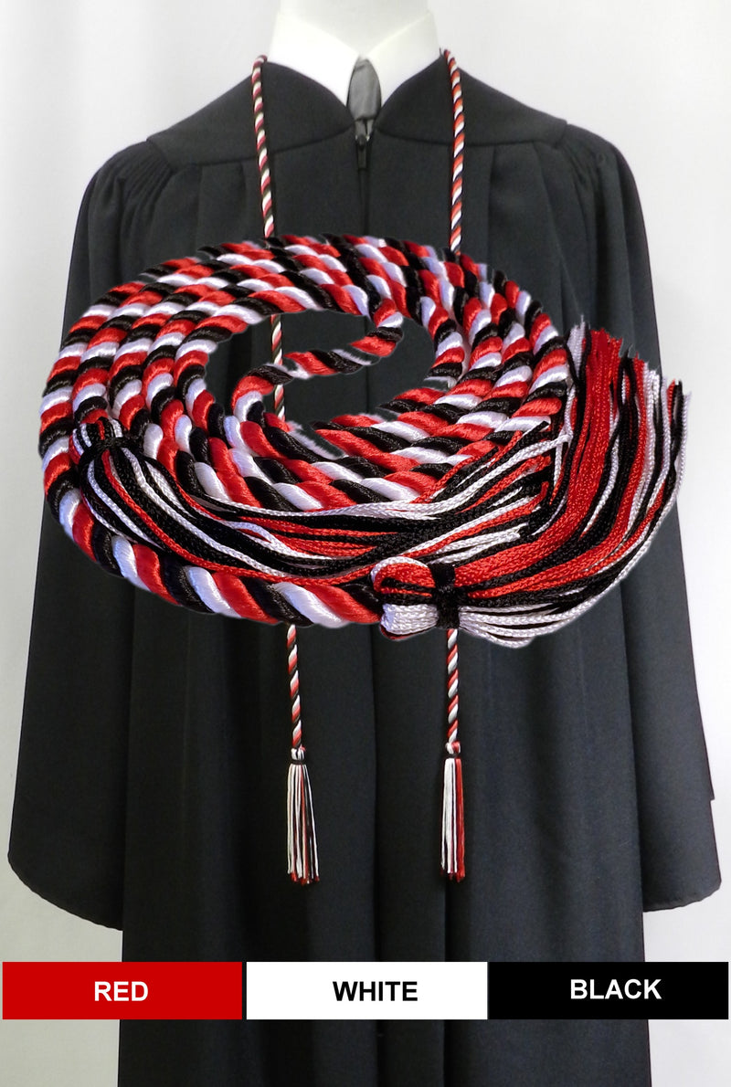 Red, white and black 3 color graduation honor cord from Senior Class Graduation Products. Made in USA.