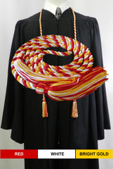 red, white and bright gold 3 color graduation honor cord with matching tassels from Senior Class Graduation Products. Made in USA.