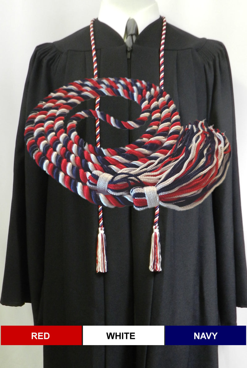 Red, white and navy blue 3 color graduation cord with matching tassels from Senior Class Graduation Products. Made in USA.