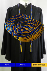 Royal blue and bright gold graduation honor cord shown on black graduation gown.